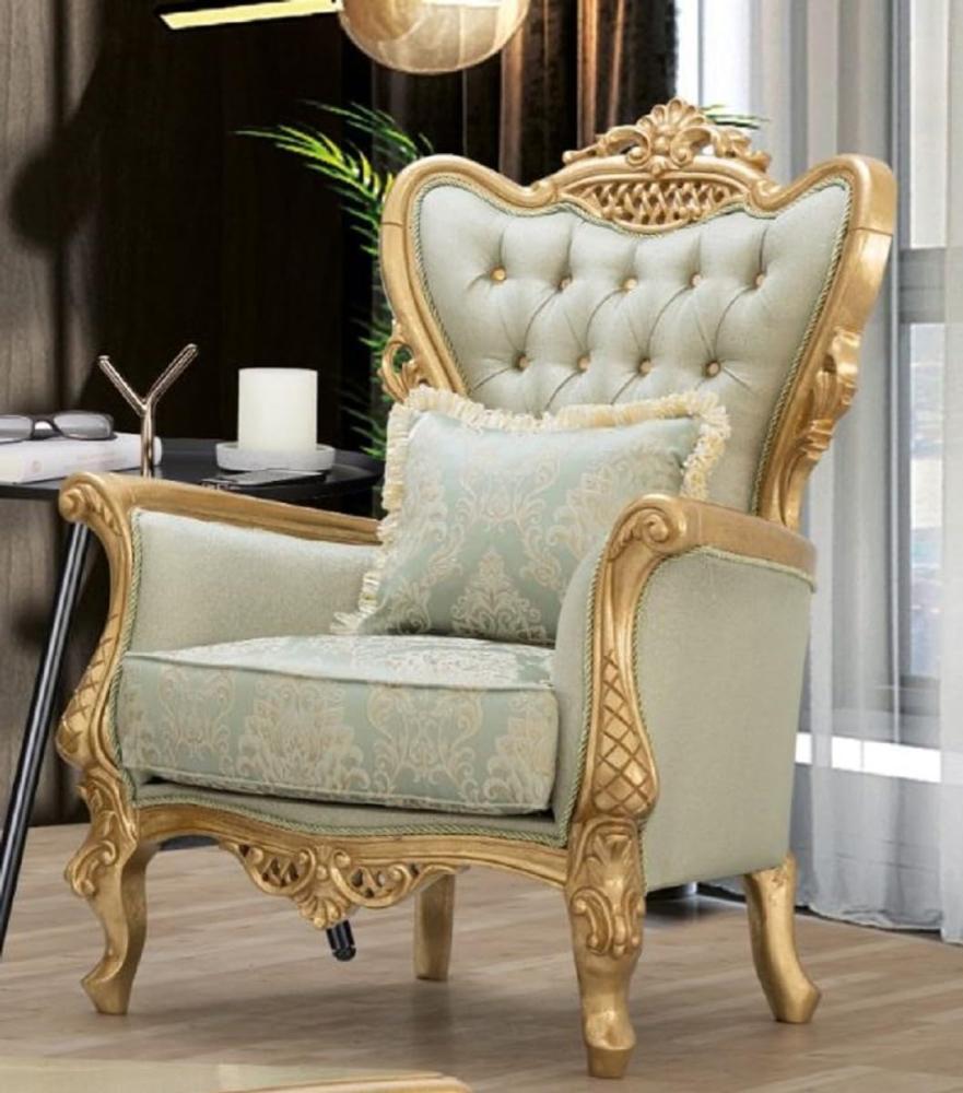 Casa Padrino Luxus Barock Sessel Hellgrün / Gold - Handgefertigter Wohnzimmer Sessel mit elegantem Muster und Glitzersteinen - Barock Wohnzimmer Möbel - Edel & Prunkvoll Bild 1