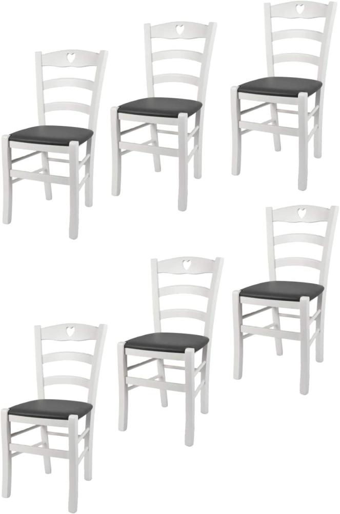 t m c s Tommychairs - 6er Set Stühle Cuore für Küche und Esszimmer, Robuste Struktur aus Buchenholz, deckend Weiss lackiert und gepolsterte Sitzfläche mit Kunstleder in der Farbe Dunkelgrau bezogen Bild 1