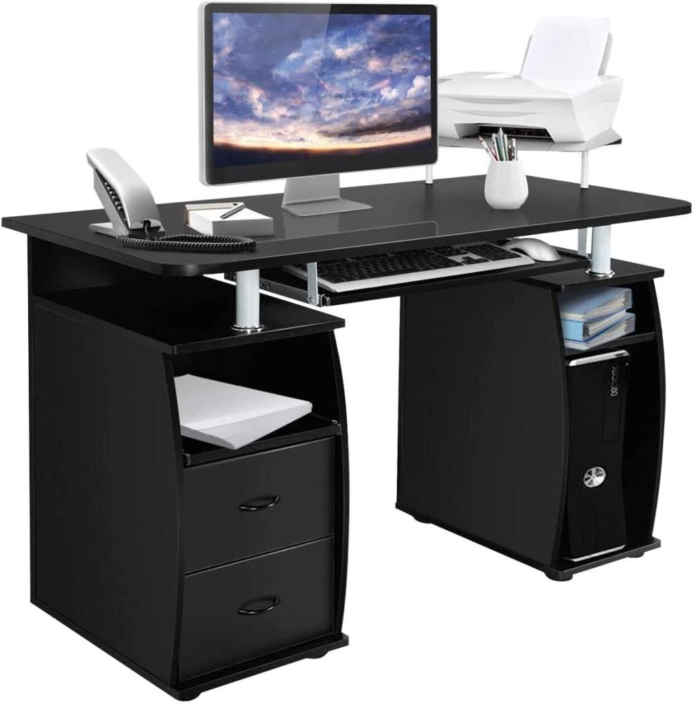 COSTWAY Computertisch Schreibtisch Bürotisch Arbeitstisch PC-Tisch mit Tastaturauszug Druckerablage Schubladen Farbwahl (schwarz) Bild 1