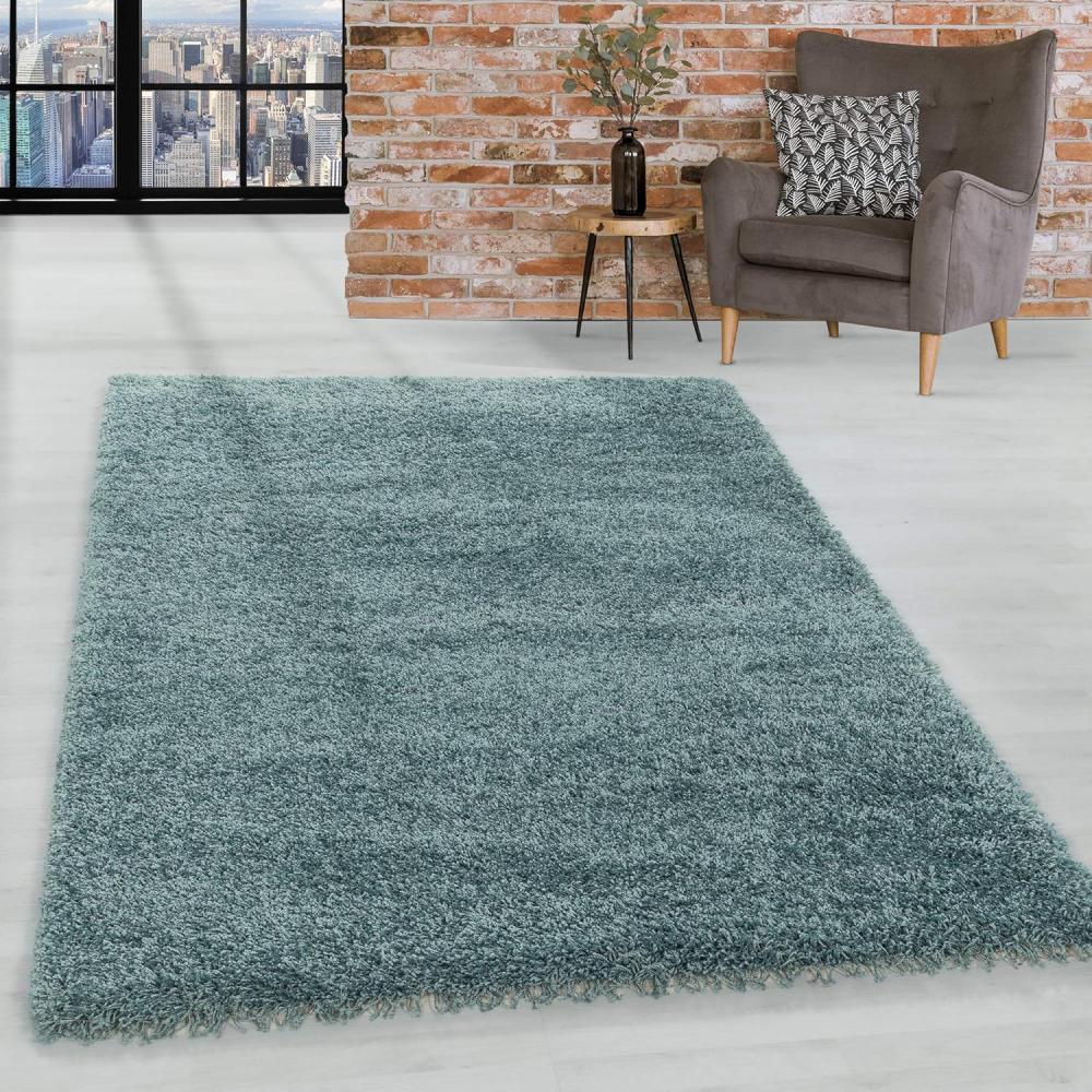 HomebyHome Shaggy Hochflor Wohnzimmerteppich Läufer 100x200 cm Aqua - Flur Teppich Flauschig, Modern, Plüsch und Extra Weich - Ideal als Bettvorleger im Schlafzimmer und als Küchenläufer Bild 1