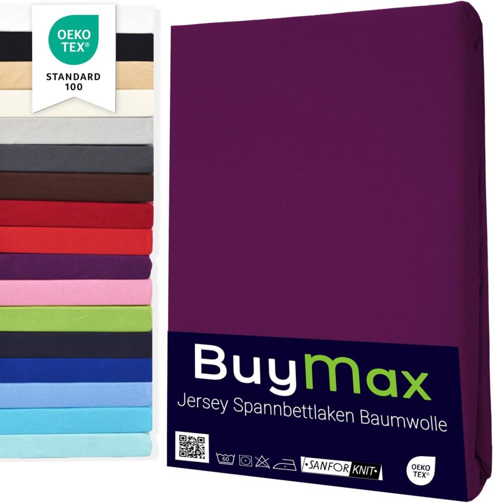 Buymax Spannbettlaken 100x200cm Doppelpack 100% Baumwolle Spannbetttuch Bettlaken Jersey, Matratzenhöhe bis 25 cm, Farbe Aubergine Bild 1