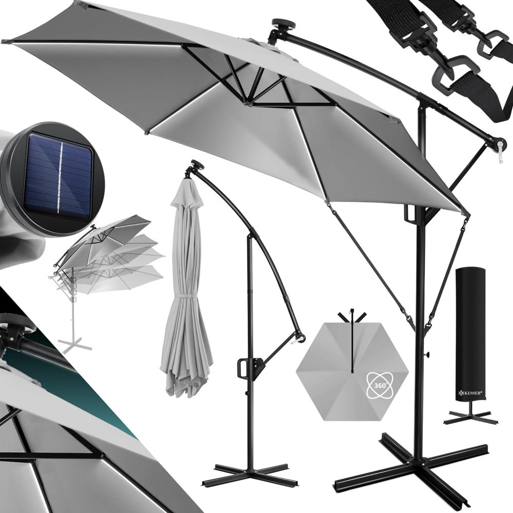 KESSER® Alu Ampelschirm LED Solar + Abdeckung mit Kurbelvorrichtung UV-Schutz Aluminium mit An-/Ausschalter Wasserabweisend - Sonnenschirm Schirm Gartenschirm 350cm, Hellgrau Bild 1