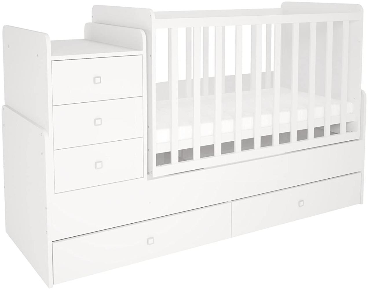 Polini Kids 'Simple 1100' Kombi-Kinderbett 60 x 120/170 cm, weiß, höhenverstellbar, mit Schaukelfunktion, inkl. Kommode Bild 1