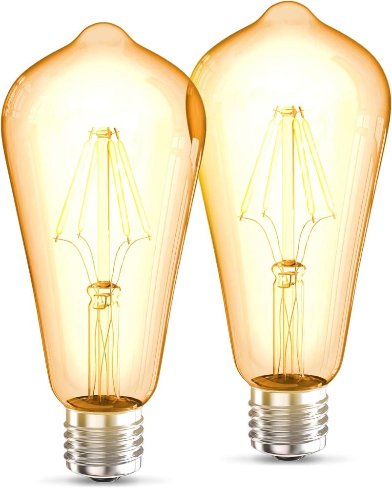 B. K. Licht - 2er Set LED Lampe E27 mit extra warmweißer Lichtfarbe, ST64 Form, 4 Watt, 380 Lumen, LED, LED Glühbirne, LED Leuchtmittel, LED Birne, Vintage, Retro, Edison, 14,3x6,4 cm, Bernsteinfarbig Bild 1