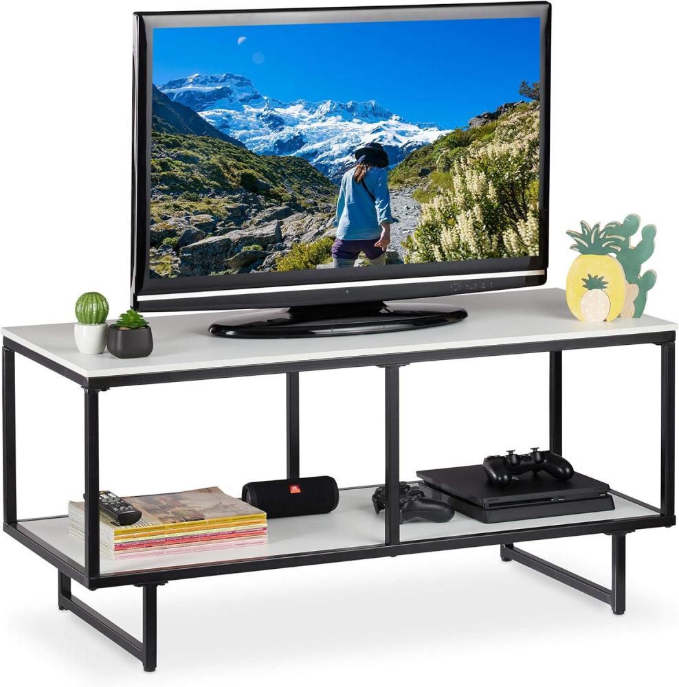 Relaxdays TV Lowboard, 2 Ablagen, Fernsehtisch Wohnzimmer, offen, Metallgestell, HBT 50,5 x 110,5 x 45,5cm, weiß/schwarz Bild 1