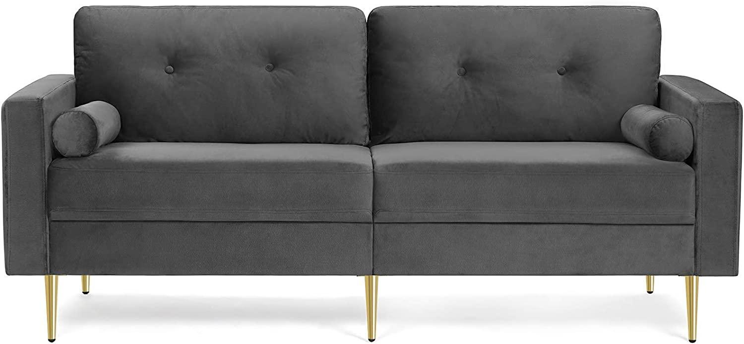 VASAGLE 3-Sitzer Sofa, Couch für Wohnzimmer, Bezug aus Samt, für Wohnungen, kleinen Raum, Holzgestell, Metallbeine, einfacher Aufbau, modernes Design, 183 x 78 x 88 cm, grau LCS001G01 Bild 1
