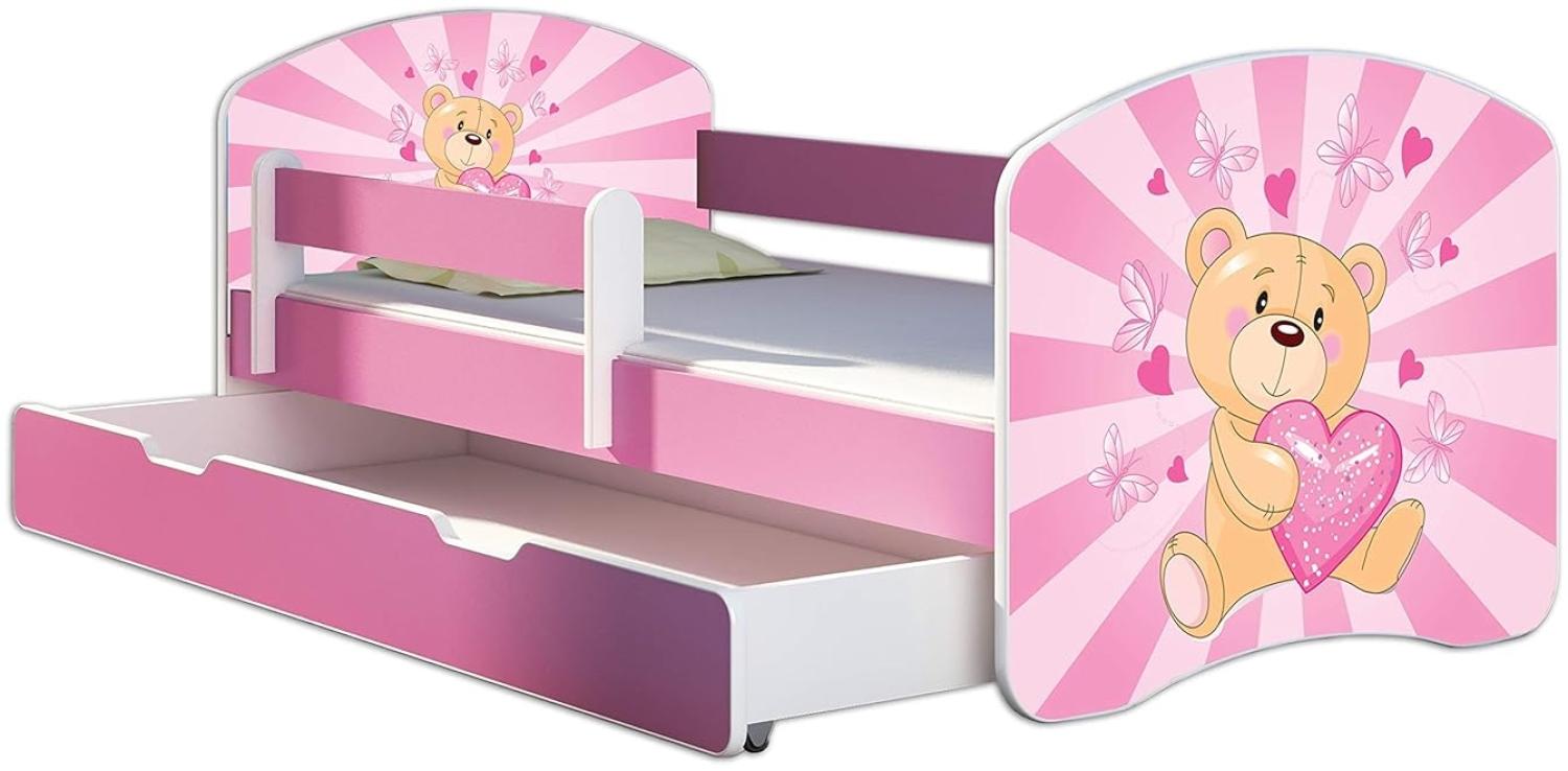 Kinderbett Jugendbett mit einer Schublade und Matratze Rausfallschutz Rosa ACMA II (10 Teddybär, 80 x 180 cm mit Bettkasten) Bild 1
