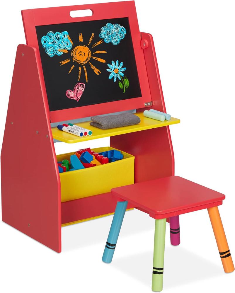 Relaxdays Kinderregal mit Tafel, Spielzeugregal, 2 Fächer & Stoffbox, HBT: 84 x 52 x 45 cm, Spieltafel mit Hocker, rot Bild 1
