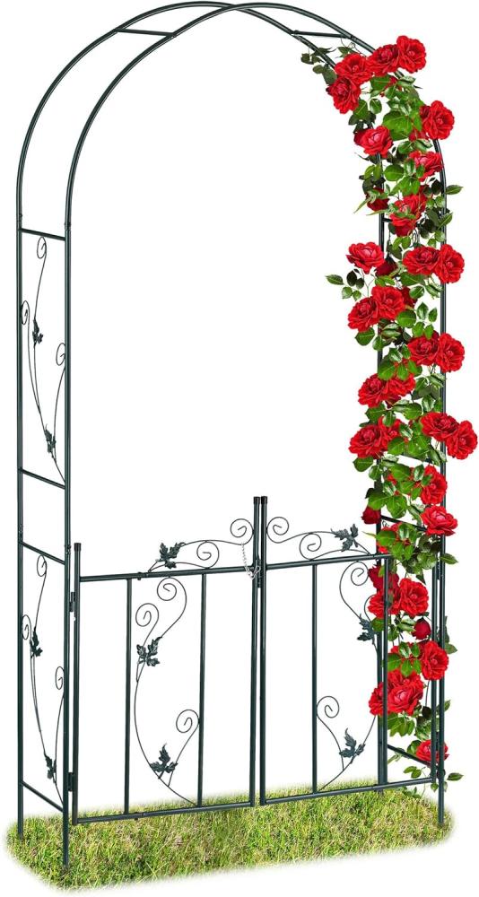 Relaxdays Rosenbogen mit Tür, Garten Rankhilfe Kletterpflanzen, Torbogen Metall, wetterfest, 230 x 113,5 x 36,5 cm, grün Bild 1