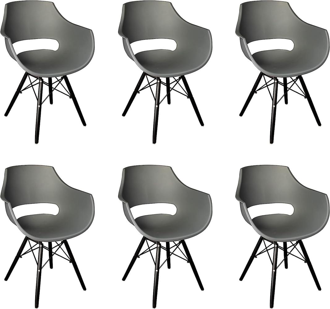 SAM 6er Set Schalenstuhl Lea, Grau, ergonomisch geformte Sitzschale aus Kunststoff, bequemer Esszimmerstuhl im Retro-Design, schwarzes Holzgestell Bild 1