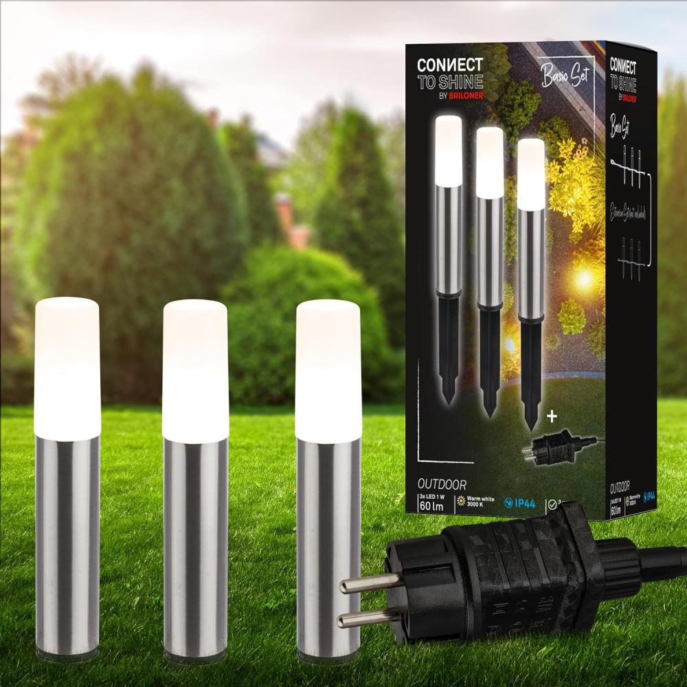 BRILONER - Connect to Shine 12V Gartensystem 3er Set LED Pollerleuchte mit Erdspieß, Basisset mit Trafo, IP44, warmweißes Licht, Gartenbeleuchtung, Wegeleuchten, 36,5x4 cm, Silberfarbig Bild 1