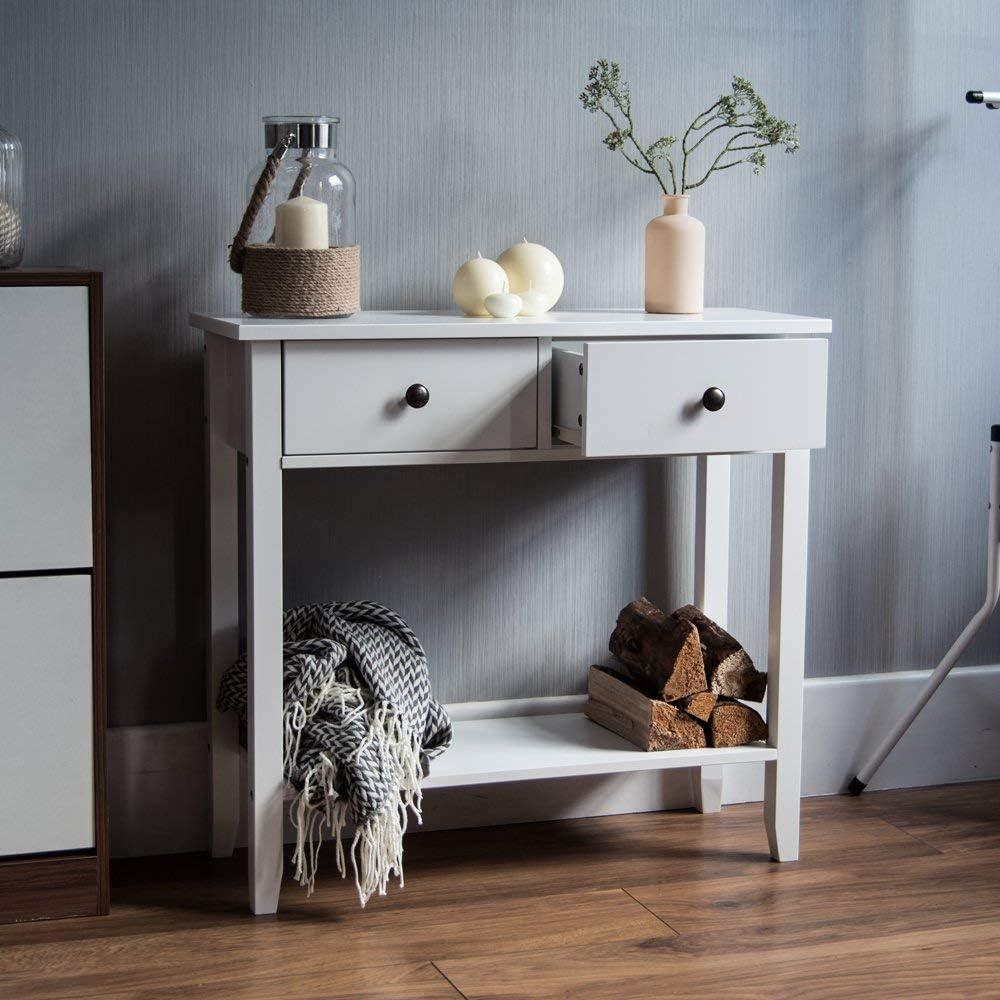 Vida Design Windsor Konsolentisch mit 2 Schubladen und Regalfach, weiß, Holz, für Flur, Wohnzimmer, Schlafzimmer, Ankleidekommode, Schreibtischmöbel Bild 1
