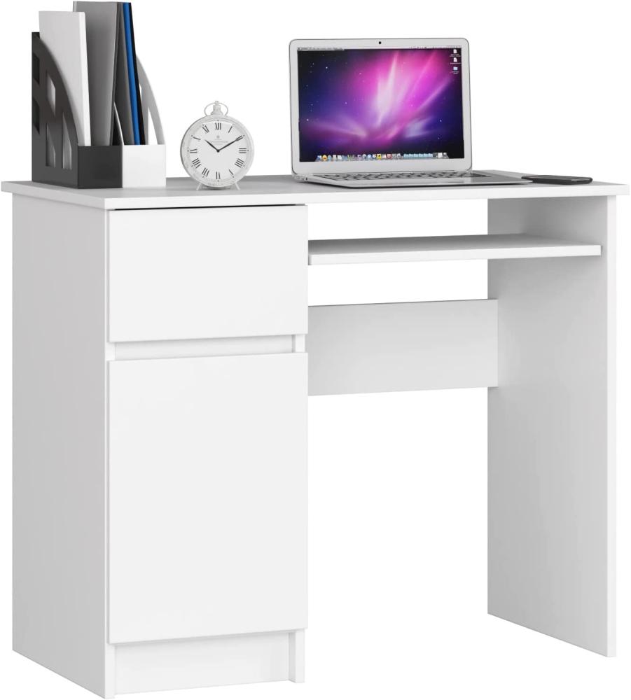 Akord Schreibtisch Piksel, Study Table, Tisch, Tastaturablage, Office Desk, 1 Schublade und 1 Fach mit Tür, Links- oder rechtsseitig, B90 x H77 x T50 cm, 30 kg Bild 1