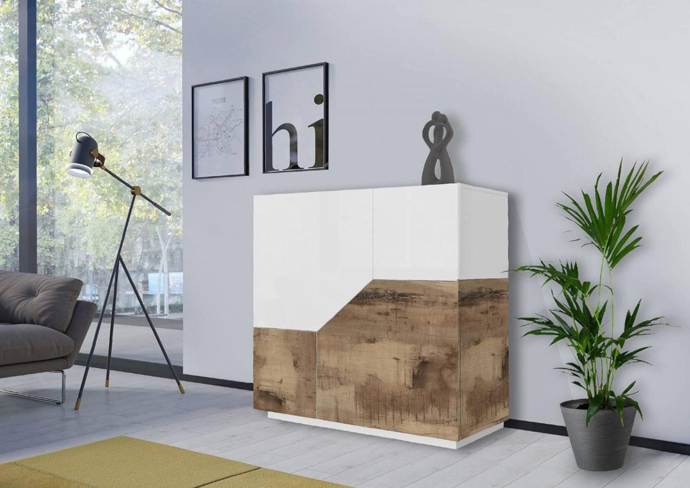 Dmora Modernes Sideboard mit 2 geometrischen Türen, Made in Italy, Küchen-Sideboard, Wohnzimmer-Design-Buffet, cm 79x43h86, glänzendes Weiß und Ahorn Bild 1