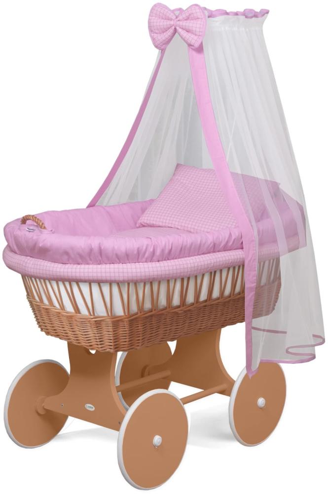 WALDIN Baby Stubenwagen-Set mit Ausstattung, Gestell/Räder natur lackiert, Ausstattung rosa kariert Bild 1