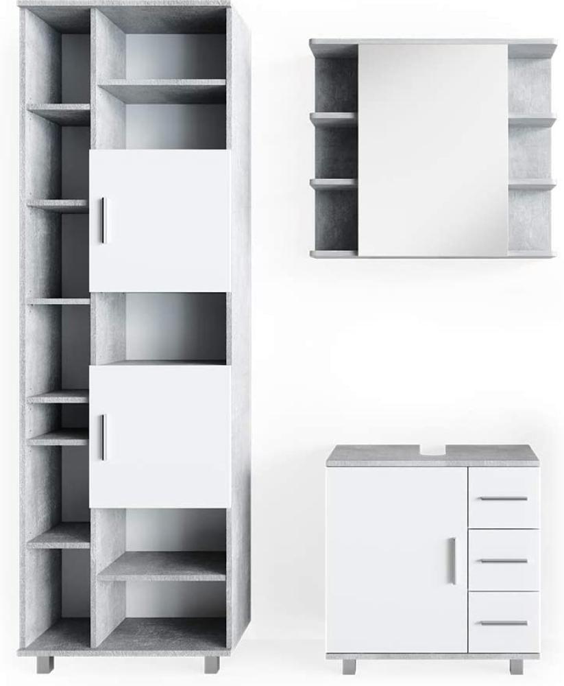 VICCO Badmöbel Set ILIAS Weiß Beton, Weiß/Beton, mit Spiegelschrank, Unterschrank, Hochschrank Bild 1
