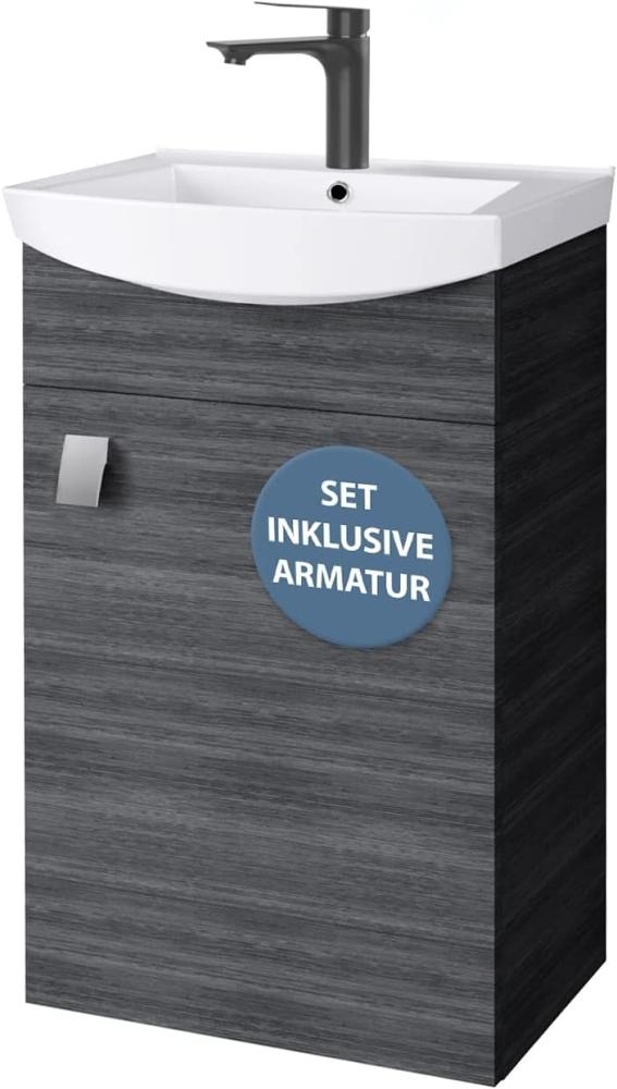 Planetmöbel Badmöbel Set aus Waschtisch mit Unterschrank 45cm in Anthrazit, Waschbecken und Armatur in Schwarz, Zeitloses Badezimmerset Bild 1