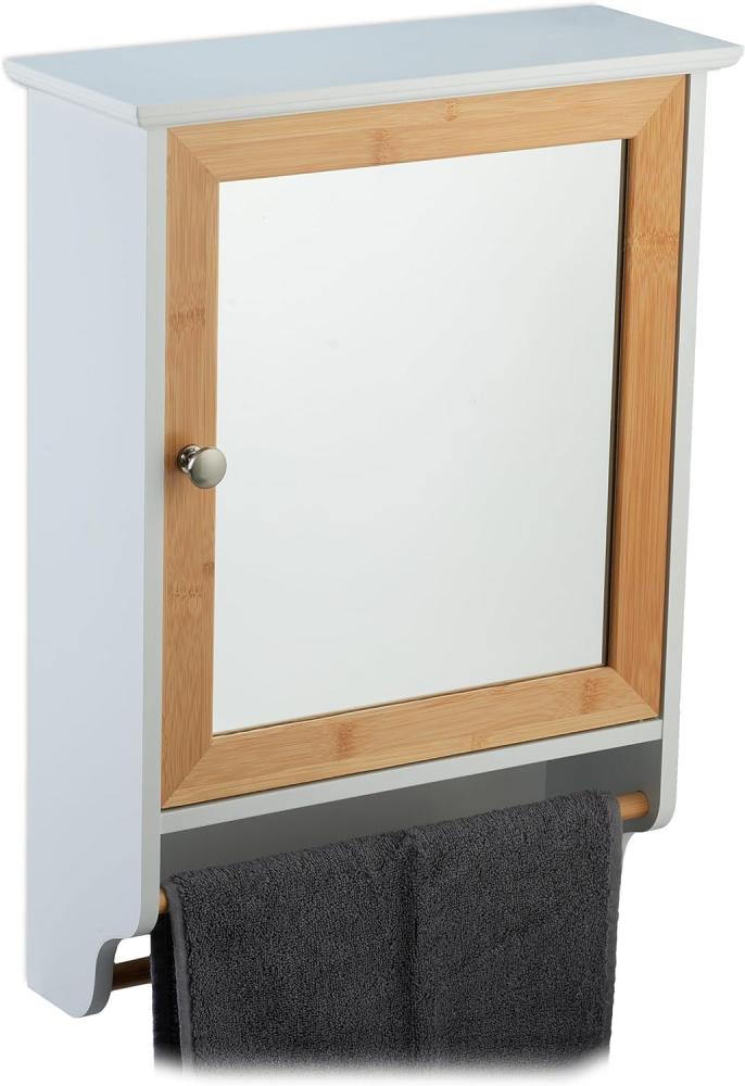 Relaxdays Spiegelschrank, 2 Fächer, Handtuchhalter, H x B x T: 55 x 40 x 14,5 cm, Badezimmer Hängeschrank, weiß/Natur Bild 1