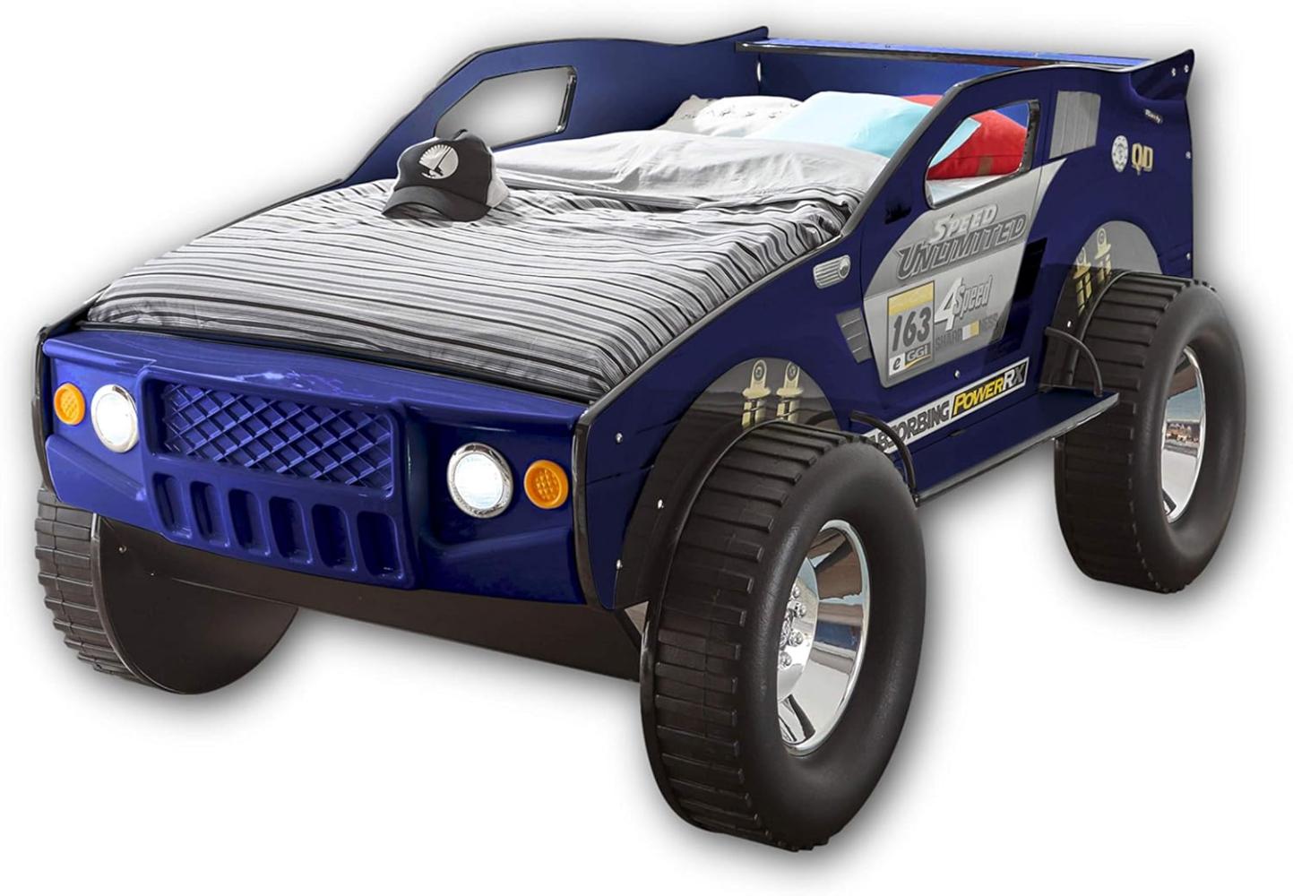 Stella Trading JEEP Autobett mit LED-Beleuchtung 90 x 200 cm - Aufregendes und hohes SUV Auto Kinderbett für kleine Rennfahrer in Blau - 120 x 81 x 211 cm (B/H/T) Bild 1