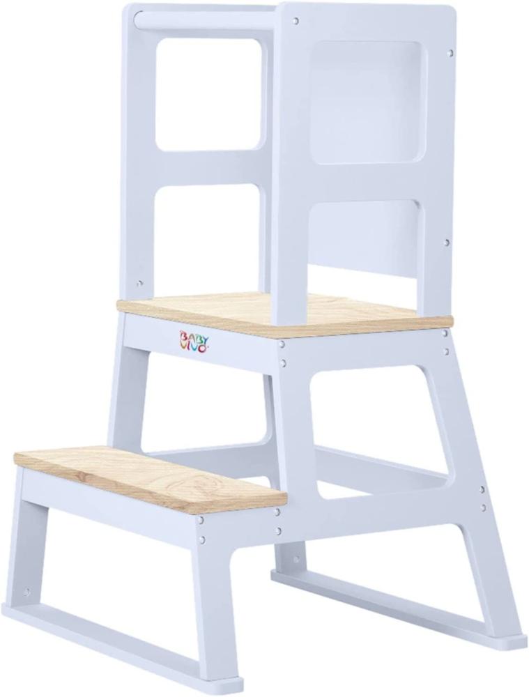 Baby Vivo Lernturm aus Holz - Tower Küche Kindermöbel Learning Tower - Schemel Lerntower für Kinder ab dem Stehalter - Tritthocker mit Tafel Montessori Küchenhelfer Lernstuhl in Weiß Bild 1