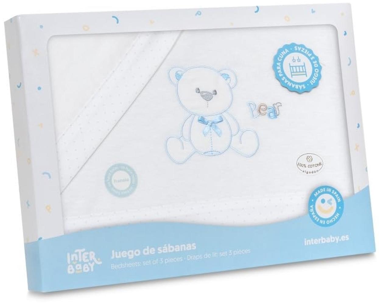 INTERBABY · Flanell Bettlaken-Set für Babybett, Oso Lazo" weiß blau · 100% Baumwolle · 3- Teilig Winter -Bettwäsche-Set für Babywiege Bild 1