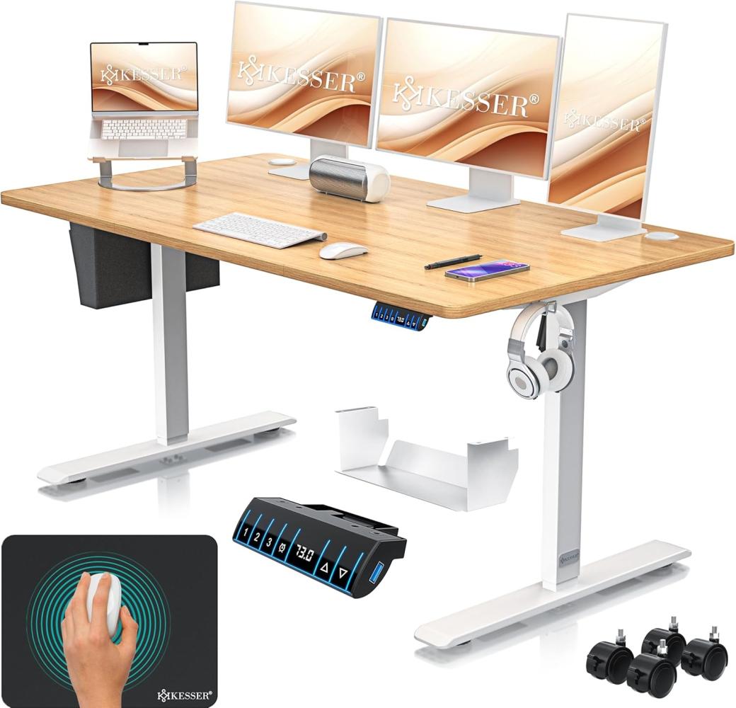 KESSER® Höhenverstellbarer Schreibtisch elektrisch | Ergonomisch Steh-Sitz Schreibtisch | 3-Funktions-Memory Steuerung | Inkl. 360° Rollen & USB-Ladeanschluss | Computertisch für Homeoffice Weiß, 160 x 70 cm Bild 1