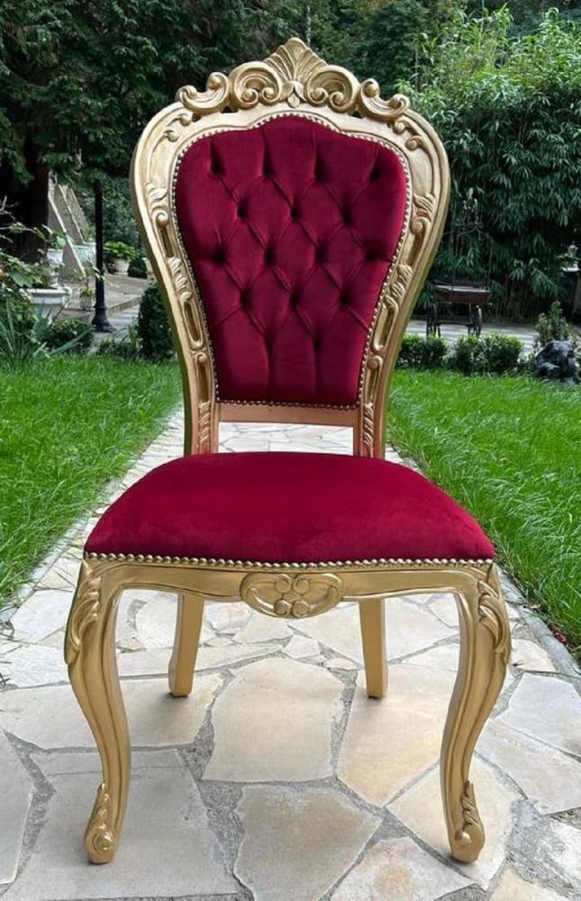 Casa Padrino Luxus Barock Esszimmer Stuhl Bordeauxrot / Gold - Handgefertigter Antik Stil Stuhl mit edlem Samtstoff - Prunkvolle Esszimmer Möbel im Barockstil Bild 1