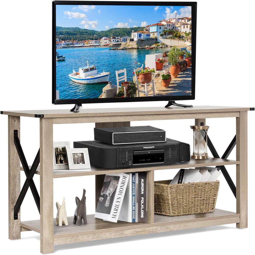COSTWAY TV-Ständer 120cm, 3-stöckiger Fernsehschrank mit offenen Regalen&Metall X-Rahmen, industrieller KonsolentischFernsehtischfür Wohnzimmer Flur Bild 1