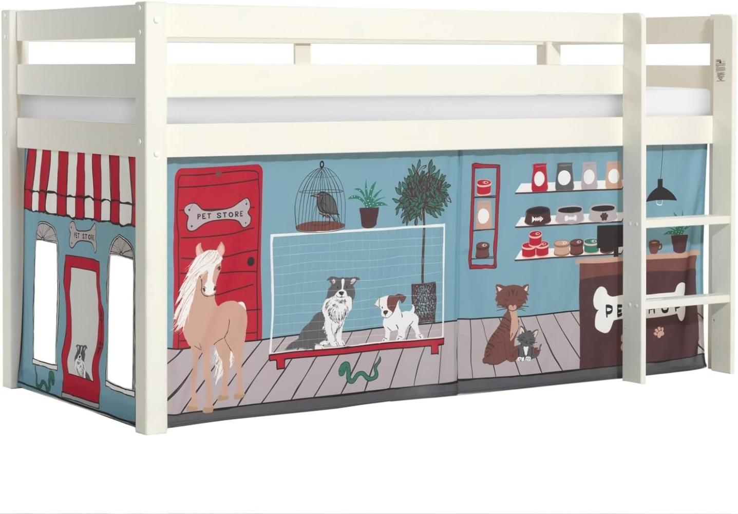 Vipack 'Pino' Halbhochbett 90x200 cm, weiß, Kiefer massiv, mit Textilset 'Pet Shop' Bild 1