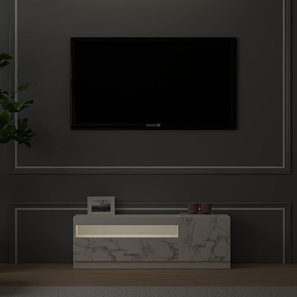 TV Lowboard Weiß mit LED-Leuchten Rechts 1/2 Marmor Optik 9499 Bild 1
