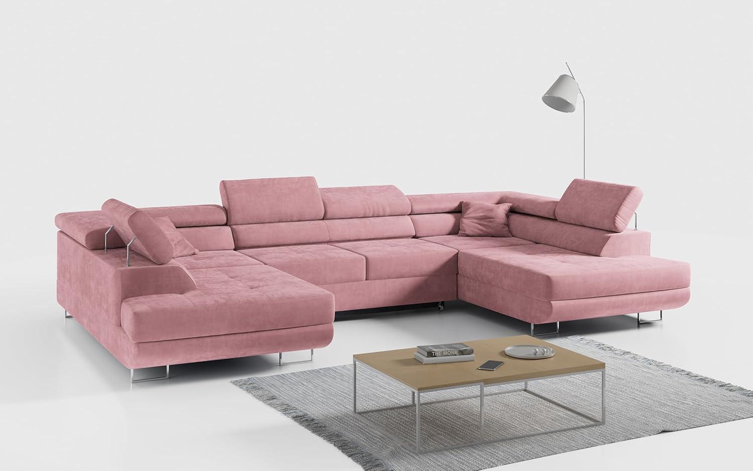 Ecksofa, Wohnzimmer U Couch, Polstersofa mit Bettkasten - GUSTAW-U - Rosa Velours Bild 1