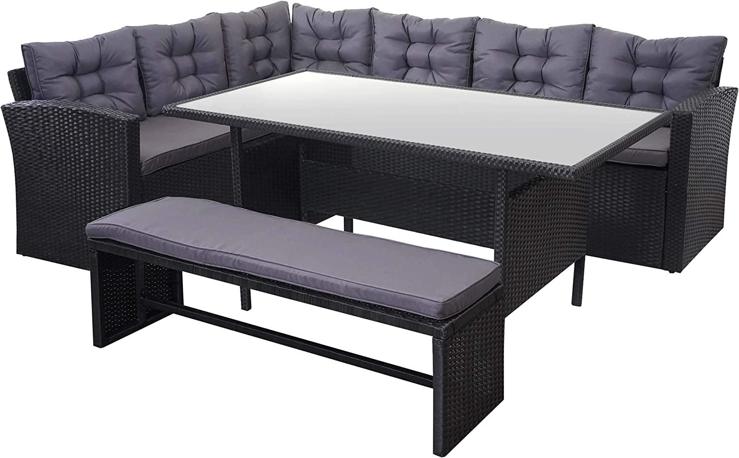 Poly-Rattan-Garnitur HWC-A29, Gartengarnitur Sitzgruppe Lounge-Esstisch-Set, schwarz ~ Kissen dunkelgrau, mit Bank Bild 1