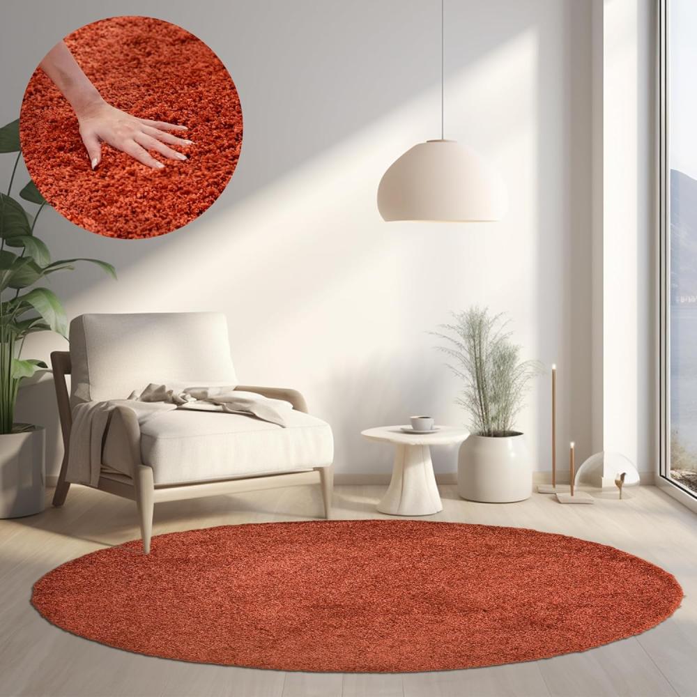 HomebyHome Shaggy Hochflor Teppich Wohnzimmer 160 cm Rund Terra - Teppich Flauschig, Modern, Plüsch und Extra Weich - Ideal für Schlafzimmer, Esszimmer und als Küchenteppich Bild 1