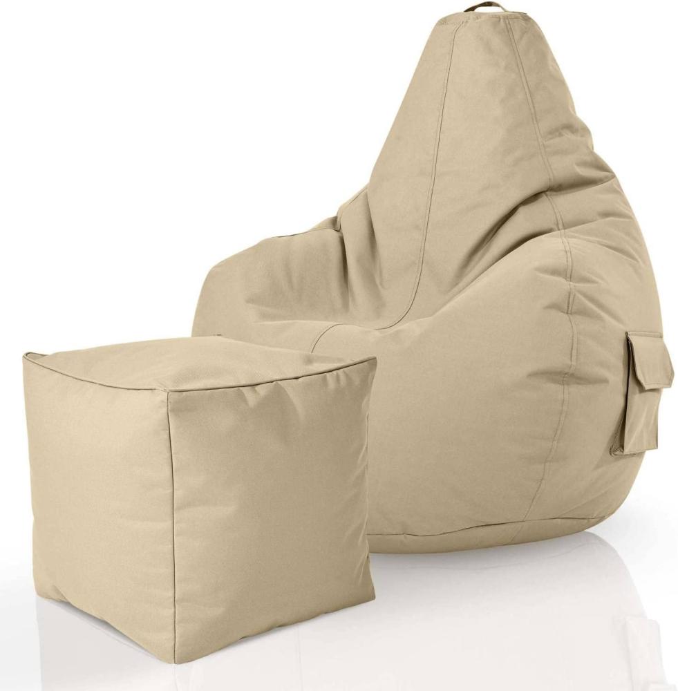 Green Bean© 2er Set Sitzsack + Hocker "Cozy+Cube" - fertig befüllt - Bean Bag Bodenkissen Lounge Sitzhocker Gamingstuhl Pouf - Beige Bild 1