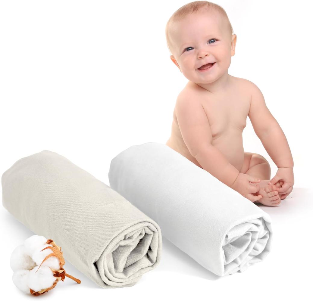 Dreamzie - Spannbettlaken 60x120 Baby 2er Pack - Baumwolle Oeko Tex Zertifiziert - Weiß und Beige - 100% Jersey Spannbettlaken 60x120cm Bild 1
