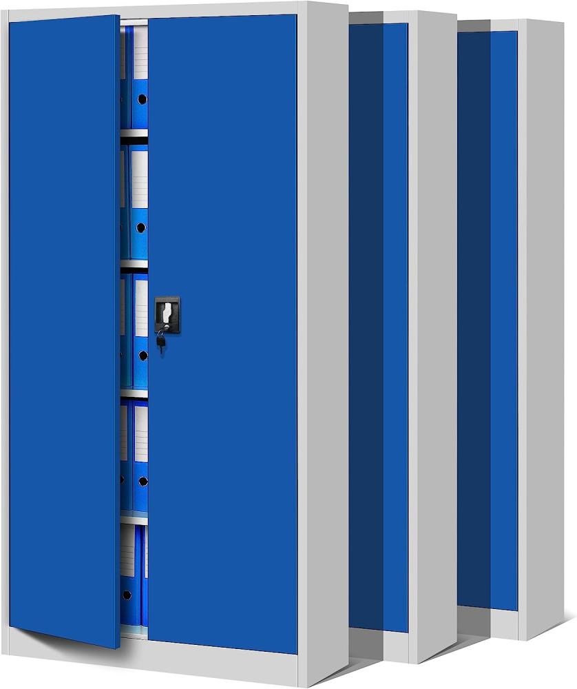 3er Set Aktenschrank C001 Metallschrank Stahlschrank Werkzeugschrank Büroschrank Lagerschrank Universalschrank Pulverbeschichtung Flügeltüren 185 cm x 90 cm x 40 cm (grau/blau) Bild 1