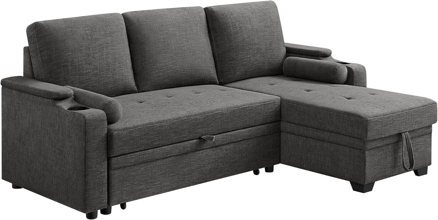 VASAGLE Schlafsofa, Schlafcouch, Bettsofa mit Stauraum, Polstermöbel, Bezug aus Baumwoll-Leinen-Mischgewebe, Becherhalter, modern, Gästezimmer, grau Bild 1