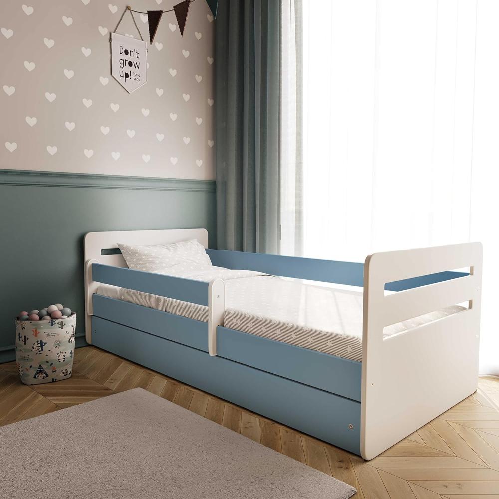 Kinderbett Jugendbett Blau mit Rausfallschutz Schubalde und Lattenrost Kinderbetten für Mädchen und Junge - Tomi 80 x 180 cm Bild 1