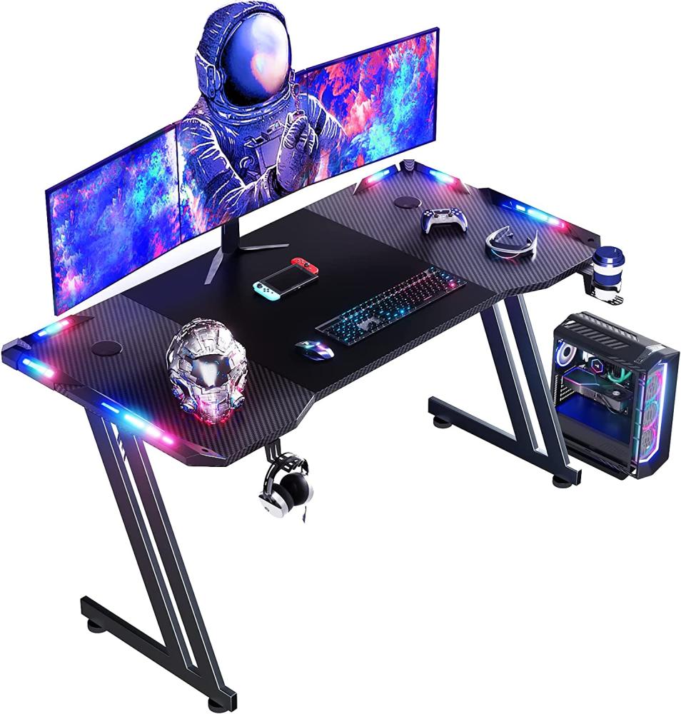 RGB Gaming Schreibtisch mit Fernbedienung mit LED-Beleuchtung Belastbar Arbeitstisch Gaming-Tisch Gaming-PC Computertisch Mit Getränkehalter und Kopfhörerhaken Bild 1