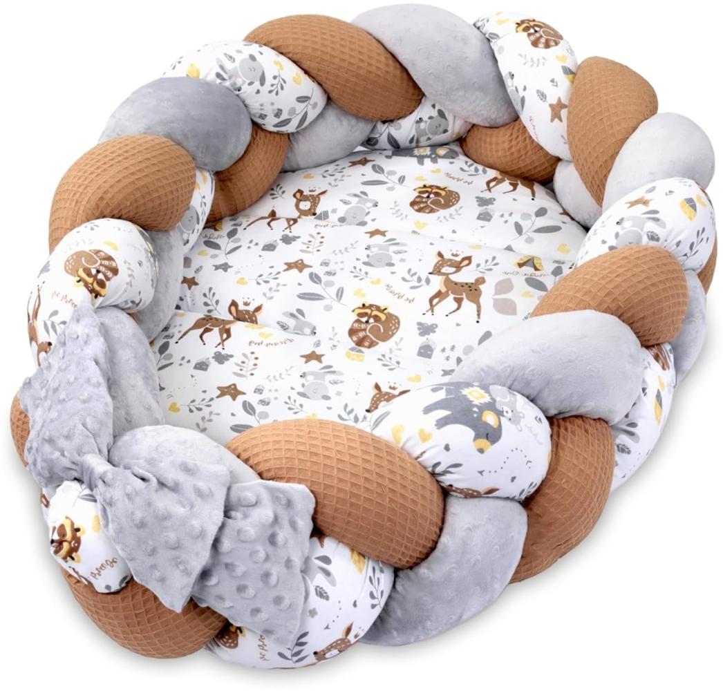 Babynest Neugeborene Nestchen Baby 75 x 45 cm – Minky Kuschelnest mit Zopf Kissen zerlegbares Set zweiseitig Babynestchen Babybett Hirsch Farbton B Bild 1