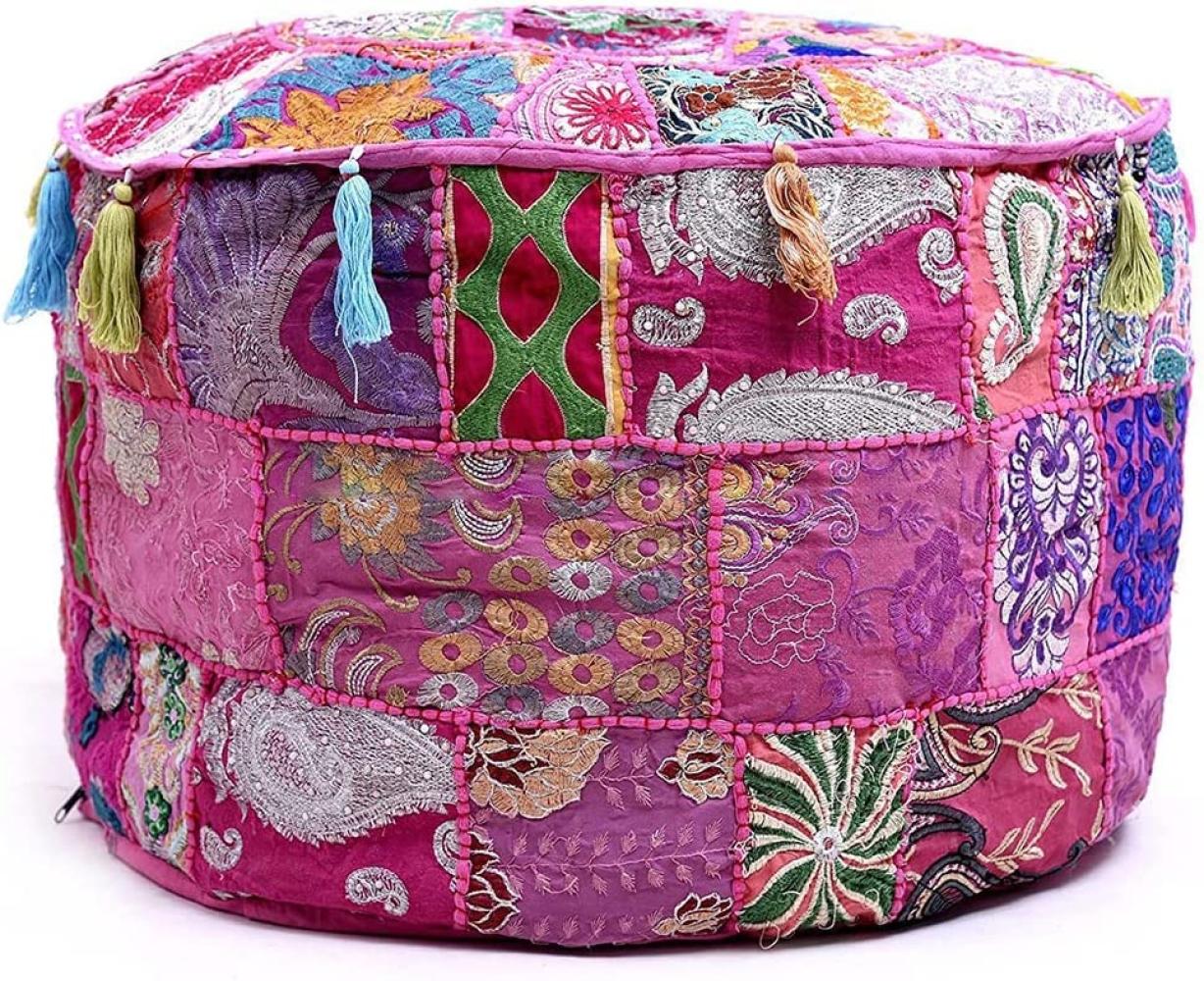 Aakriti Indian Pouf Fußhocker mit Stickerei Pouf, indische Baumwolle, Pouffe osmanischen Pouf Cover mit ethnischem Dekor Kunst - Cover (Pink, 46x33 cms) Bild 1