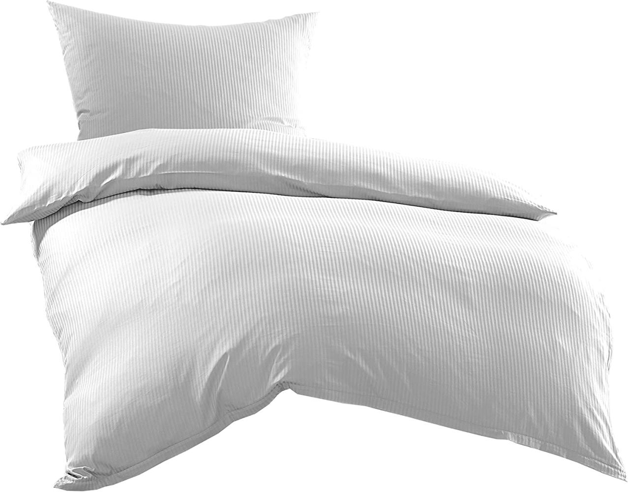 Bettwaesche-mit-Stil Mako-Satin Damast Streifen Bettwäsche „Linea“ weiß 4mm gestreift Garnitur 140x200 + 70x90 Bild 1
