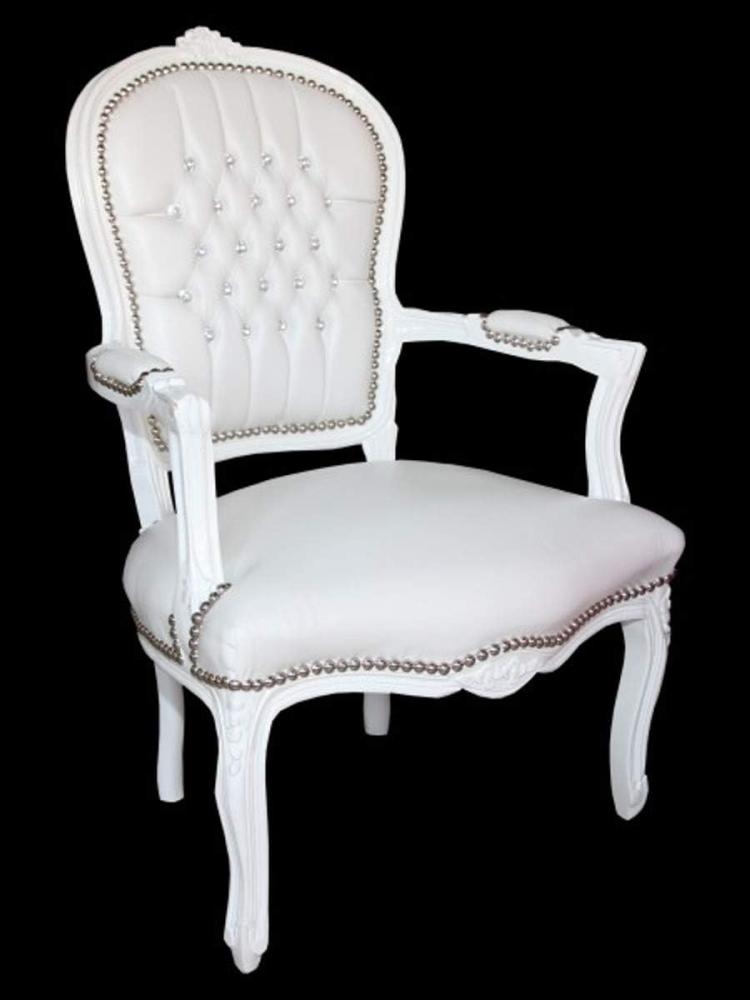 Casa Padrino Barock Salon Stuhl Weiß Lederoptik / Weiß mit Bling Bling Glitzersteinen - Möbel Antik Stil Bild 1
