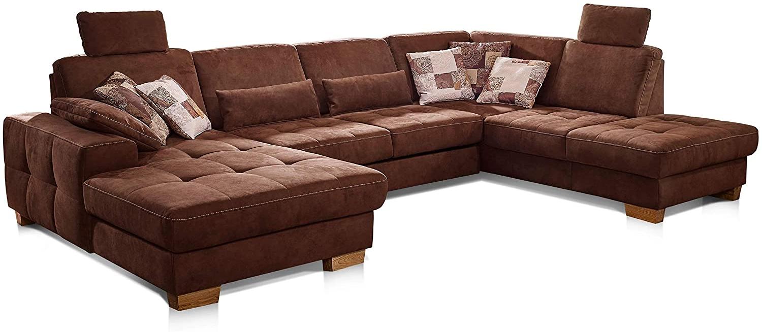 CAVADORE Wohnlandschaft Puccino mit Federkern, Sitztiefenverstellung und 2 Kopfstützen / Sofa in U-Form im Landhausstil / 340 x 86 x 224 cm / Mikrofaser braun Bild 1