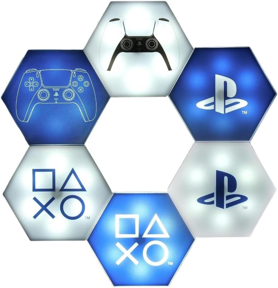 Paladone Hexagon LED-Leuchten, Playstation - Frei stehend oder zur Wandmontage, anpassbare Dekoration für das Spielezimmer mit ferngesteuertem Lichtwechsel und musikreaktiven Modi Bild 1
