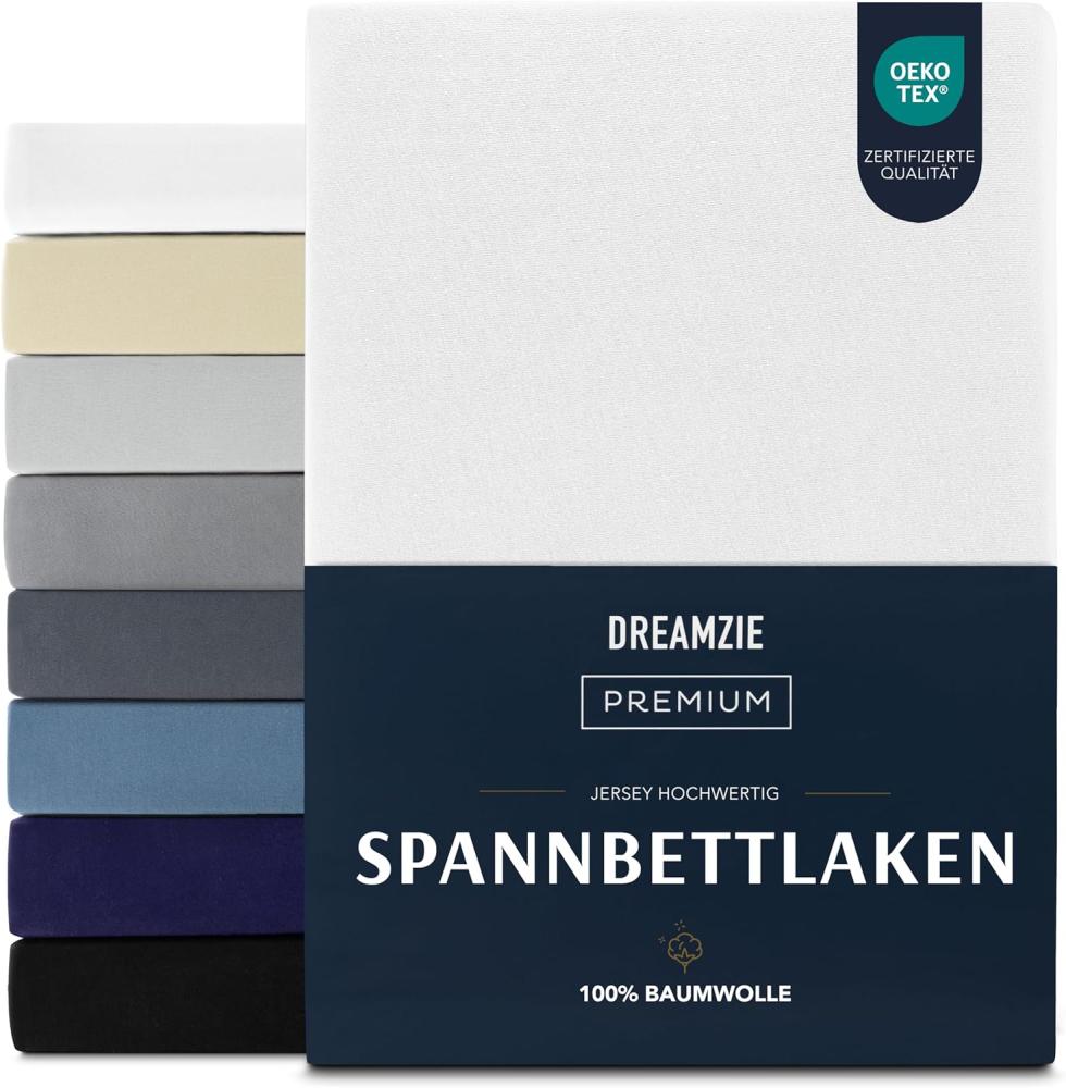 Dreamzie Premium Spannbettlaken 180x200 cm, Spannbetttuch für Dicke Matratzen bis zu 27 cm, Bettlaken 100% Jersey Baumwolle, 150 g/m², Oeko-TEX zertifiziert - Weiß Bild 1