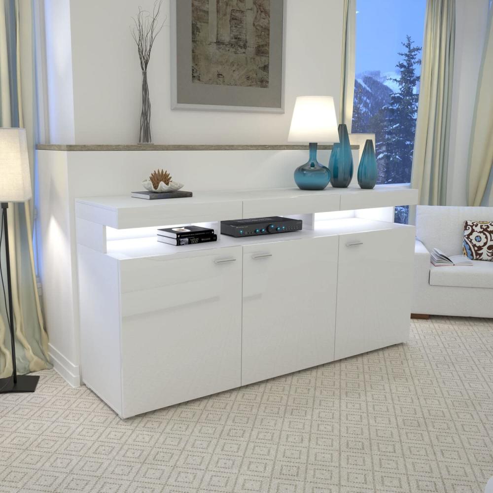 Domando Sideboard Mondello M2 Modern für Wohnzimmer Breite 179cm, Hochglanz, RGB LED Beleuchtung mit wechselbarer Farbe in Weiß Matt und Weiß Hochglanz Bild 1