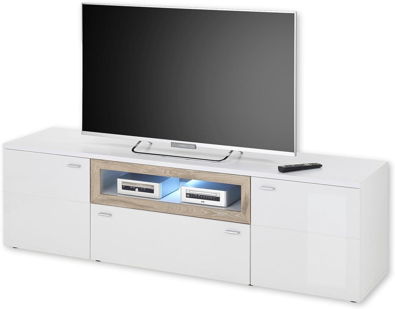 BRÜNN TV-Lowboard mit LED-Beleuchtung in Weiß, Viking Oak Optik - Moderner TV Schrank mit Schublade und viel Stauraum für Ihr Wohnzimmer - 180 x 52 x 44 cm (B/H/T) Bild 1