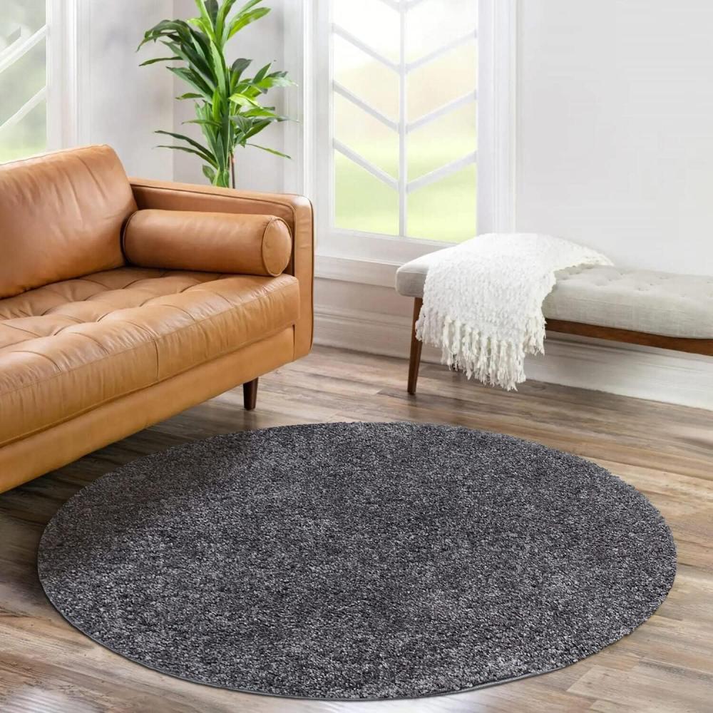 carpet city Shaggy Hochflor Teppich - Rund 160 cm - Anthrazit - Langflor Wohnzimmerteppich - Einfarbig Uni Modern - Flauschig-Weiche Teppiche Schlafzimmer Deko Bild 1