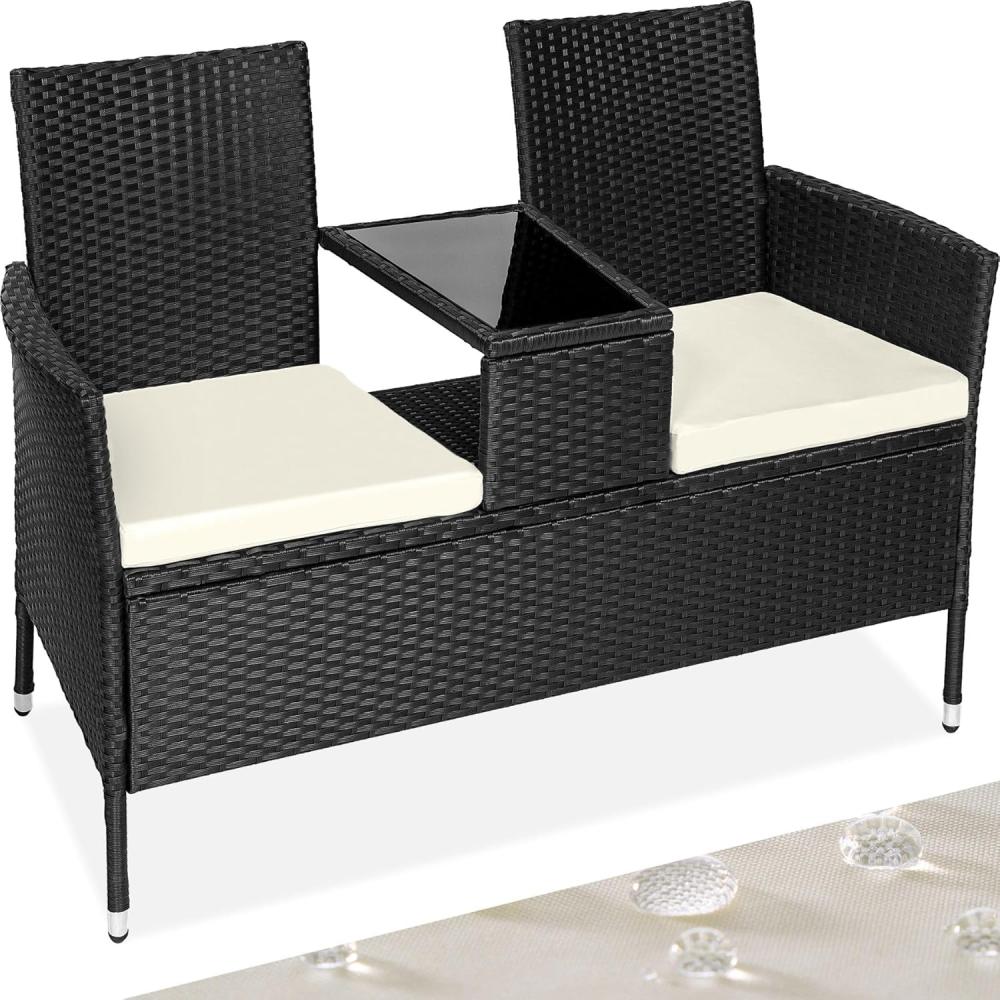 tectake 404557 Poly Rattan Gartenbank mit Tisch, 2-Sitzer Bank, 131 x 61 x 82 cm, Sitzbank für Garten Balkon und Terrasse, Gartensitzbank inkl. Sitzkissen, schwarz-beige Bild 1